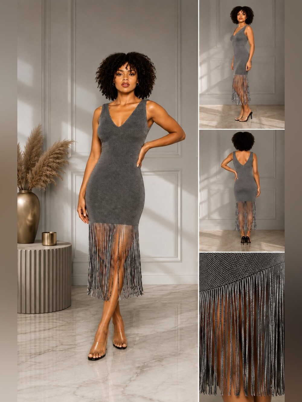 Symphony Interlock Woven Stretch Fringe Mini Dress | Shades of Gray | Cocktail